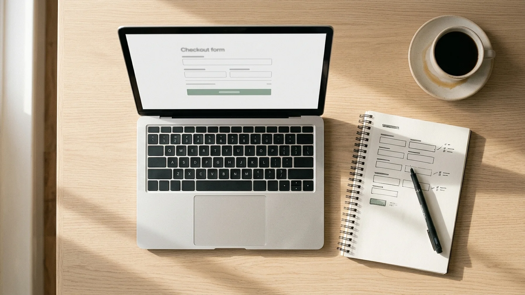 Overhead view of a laptop on a light wood desk showing a short online checkout form, a notebook with a handwritten field list beside it, and a coffee cup in soft morning window light.