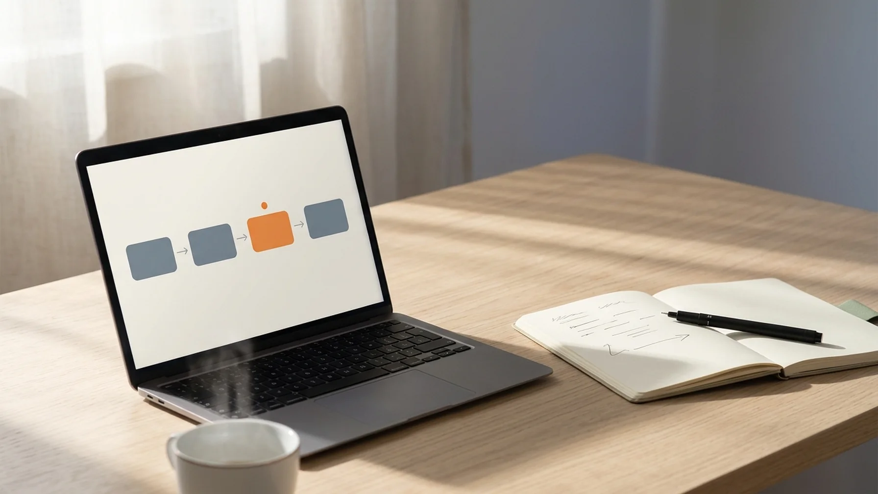 Laptop on a wooden desk showing a checkout flow diagram with one step highlighted, a notebook and pen beside it, soft window light from the left