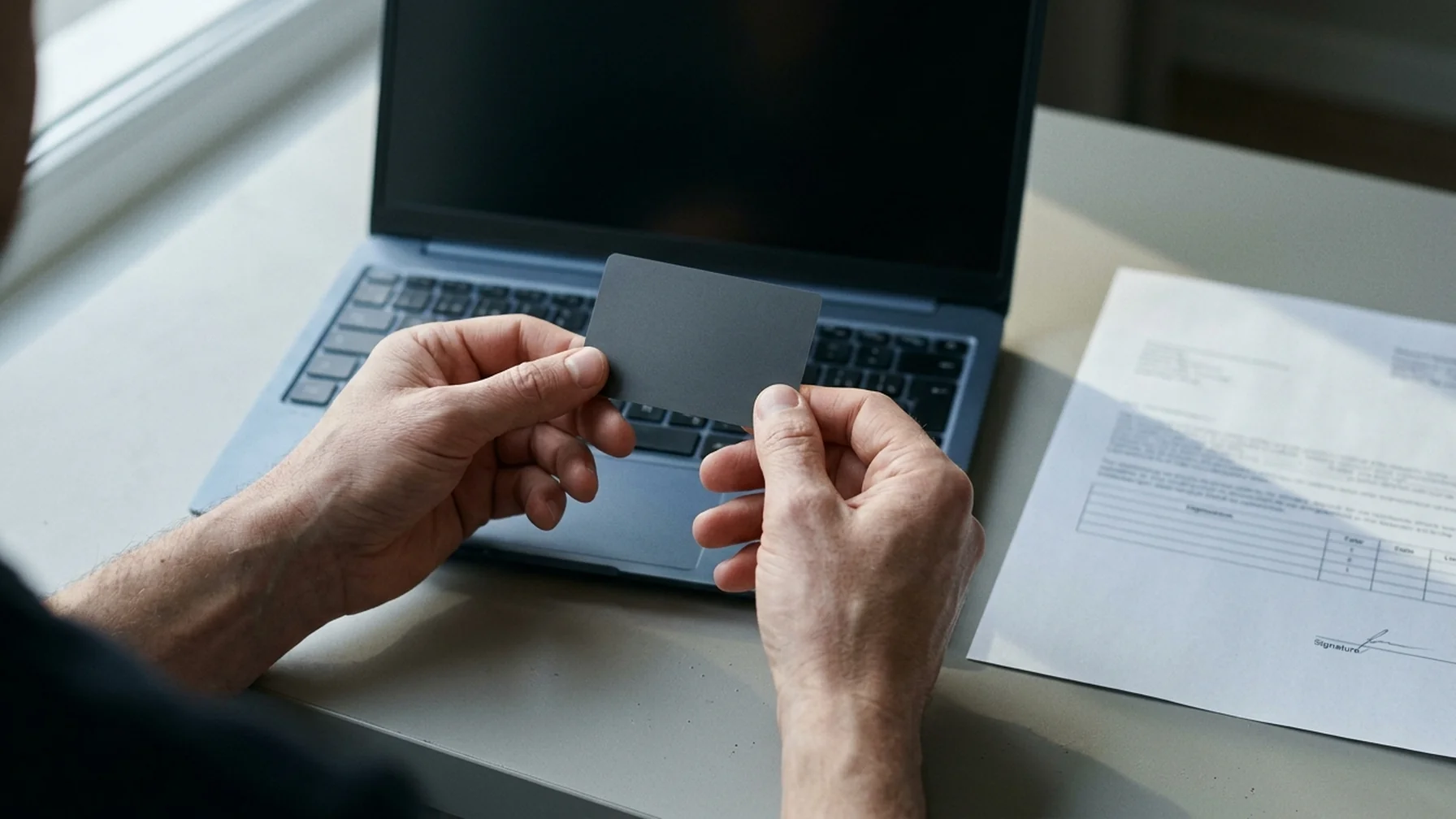 Hands holding a credit card above a keyboard next to a printed returns policy sheet, desk surface lit by daylight